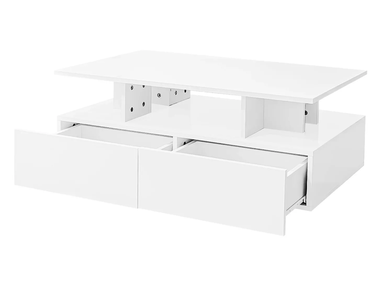 Mesa de centro 90x55 cm com LED, gaveta e prateleira, superfície lacada a branco