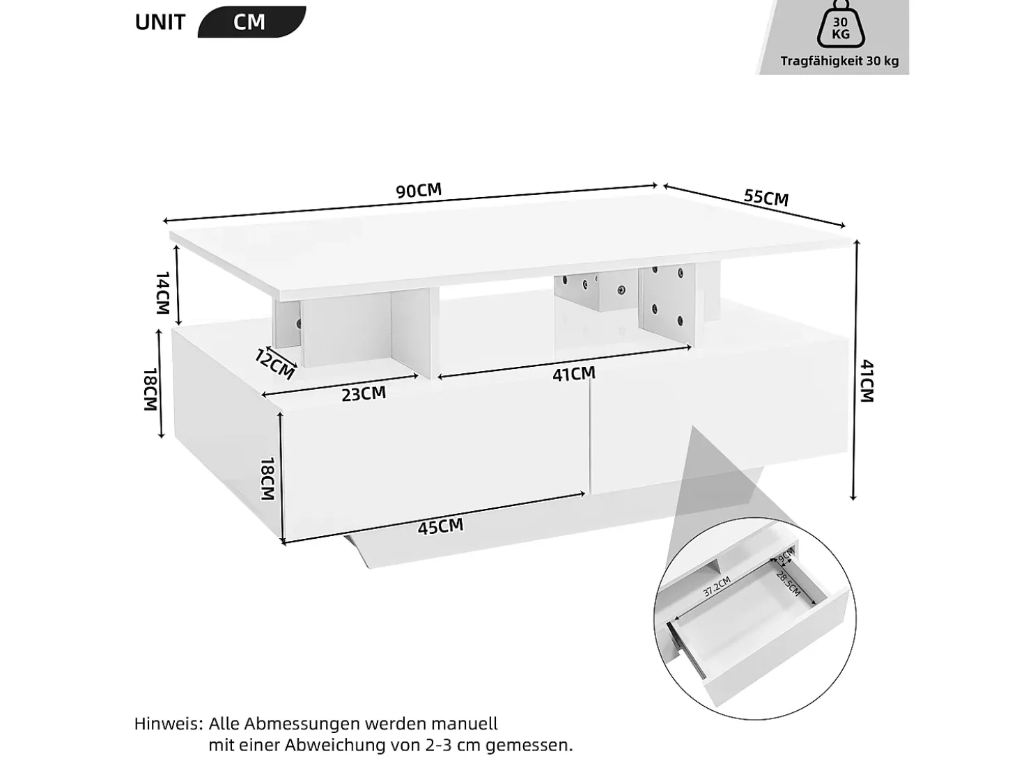Mesa de centro 90x55 cm com LED, gaveta e prateleira, superfície lacada a branco