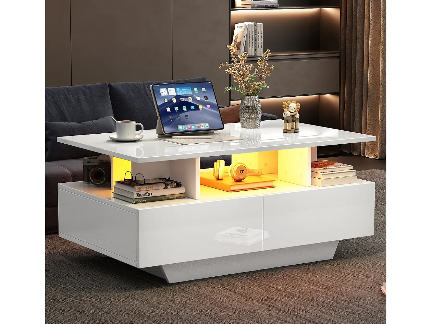 Mesa de centro 90x55 cm com LED, gaveta e prateleira, superfície lacada a branco