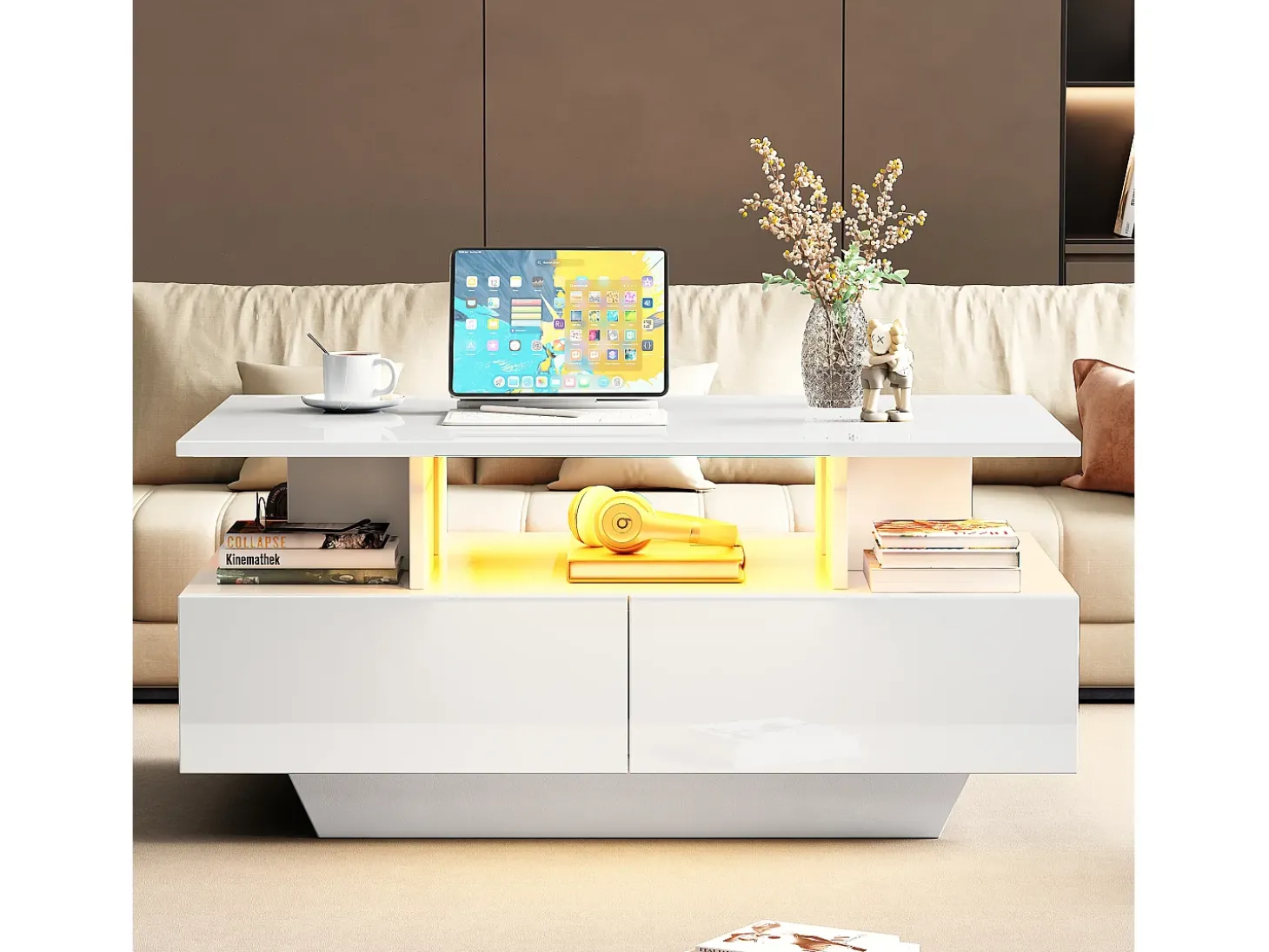 Mesa de centro 90x55 cm com LED, gaveta e prateleira, superfície lacada a branco