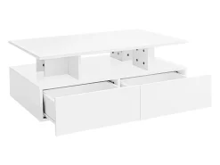 Mesa de centro 90x55 cm com LED, gaveta e prateleira, superfície lacada a branco