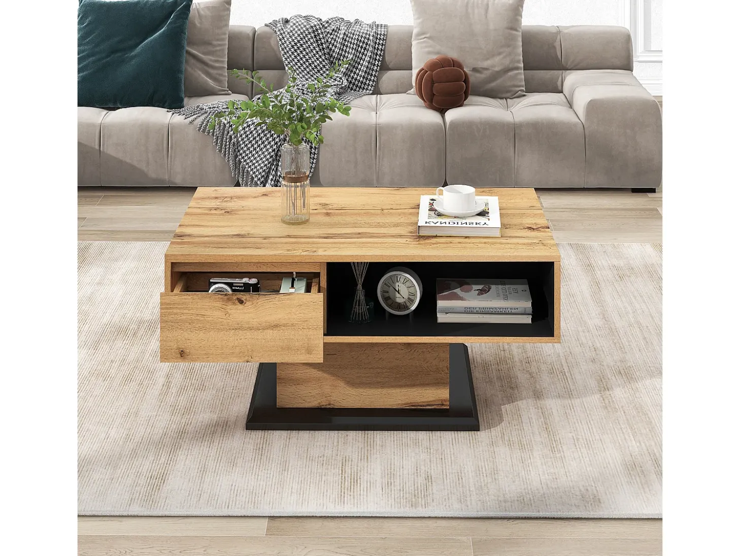 Mesa de centro 100x60cm com gaveta, madeira natural clara