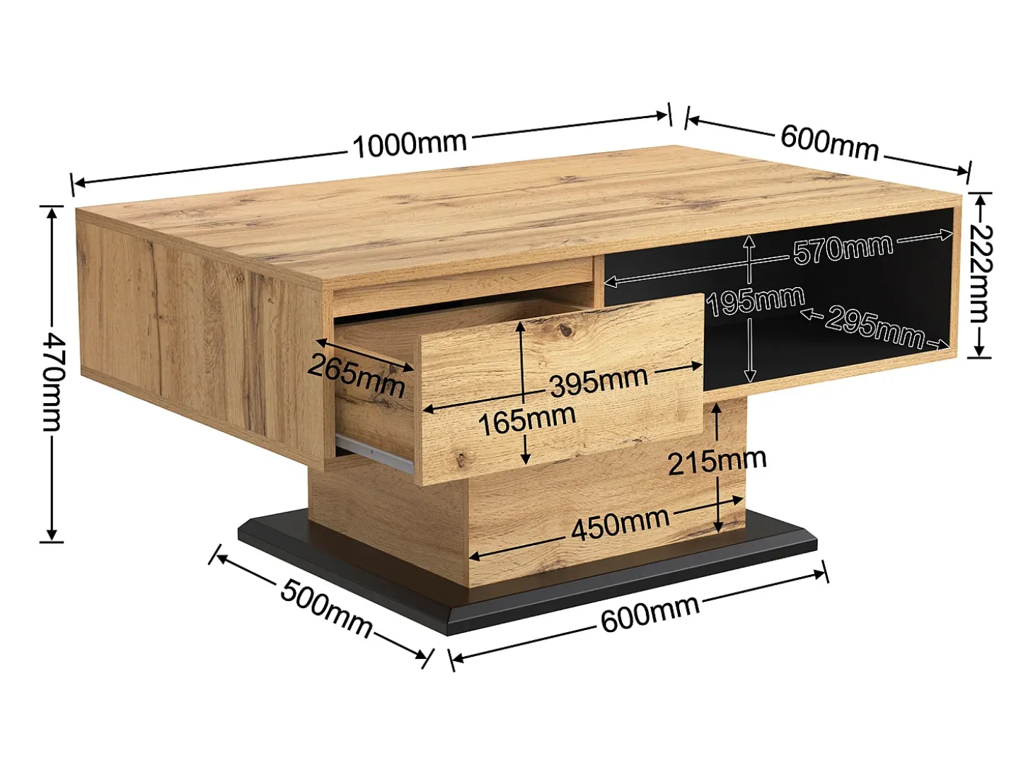 Mesa de centro 100x60cm com gaveta, madeira natural clara