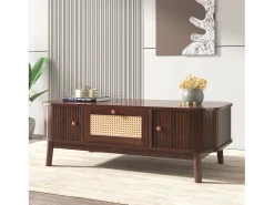 Mesa de centro 110x55cm em folheado de nogueira com rattan, amplo espaço de armazenamento, Natural Escuro