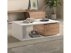 Mesa de centro 90x50x30 cm - 1 gaveta - giratório 360° - Espaço de armazenamento aberto - MDF - Branco + Natural