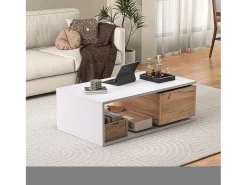 Mesa de centro 90x50x30 cm - 1 gaveta - giratório 360° - Espaço de armazenamento aberto - MDF - Branco + Natural