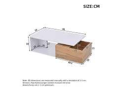 Mesa de centro 90x50x30 cm - 1 gaveta - giratório 360° - Espaço de armazenamento aberto - MDF - Branco + Natural