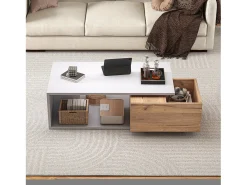 Mesa de centro 90x50x30 cm - 1 gaveta - giratório 360° - Espaço de armazenamento aberto - MDF - Branco + Natural