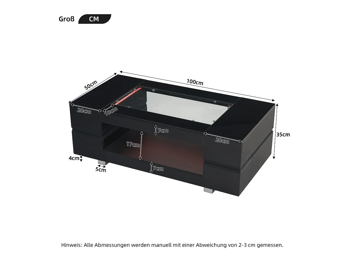 Mesa de centro 100x50x35 cm - com iluminação LED - amplo armazenamento - preto