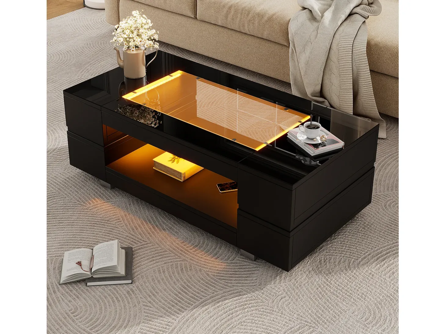 Mesa de centro 100x50x35 cm - com iluminação LED - amplo armazenamento - preto