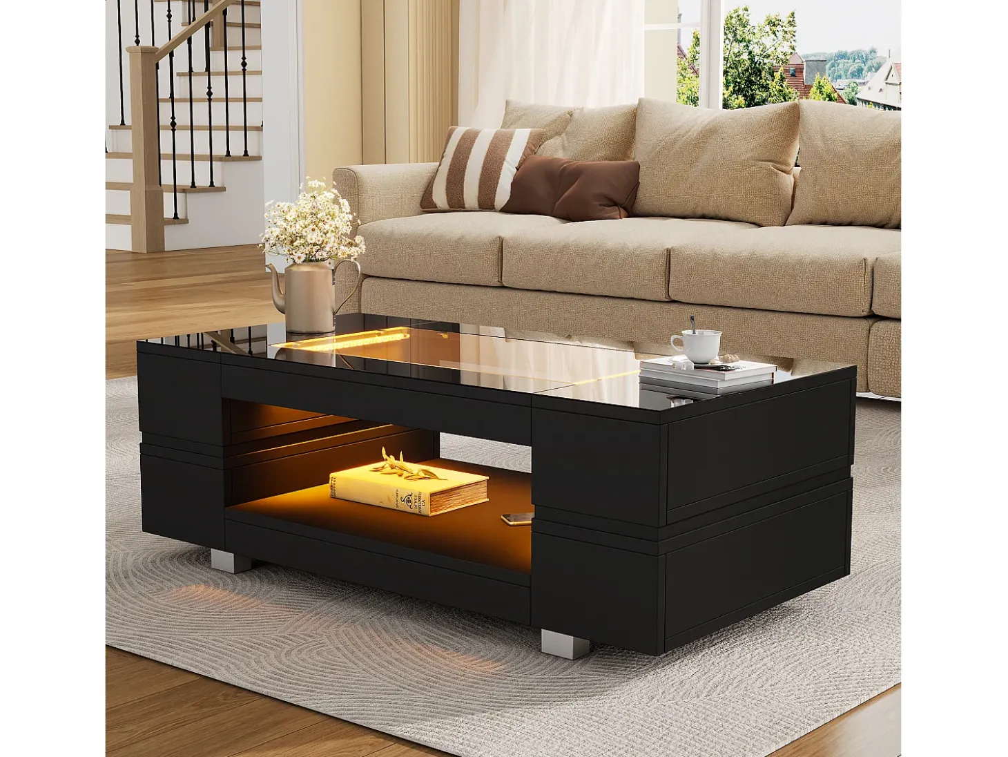 Mesa de centro 100x50x35 cm - com iluminação LED - amplo armazenamento - preto