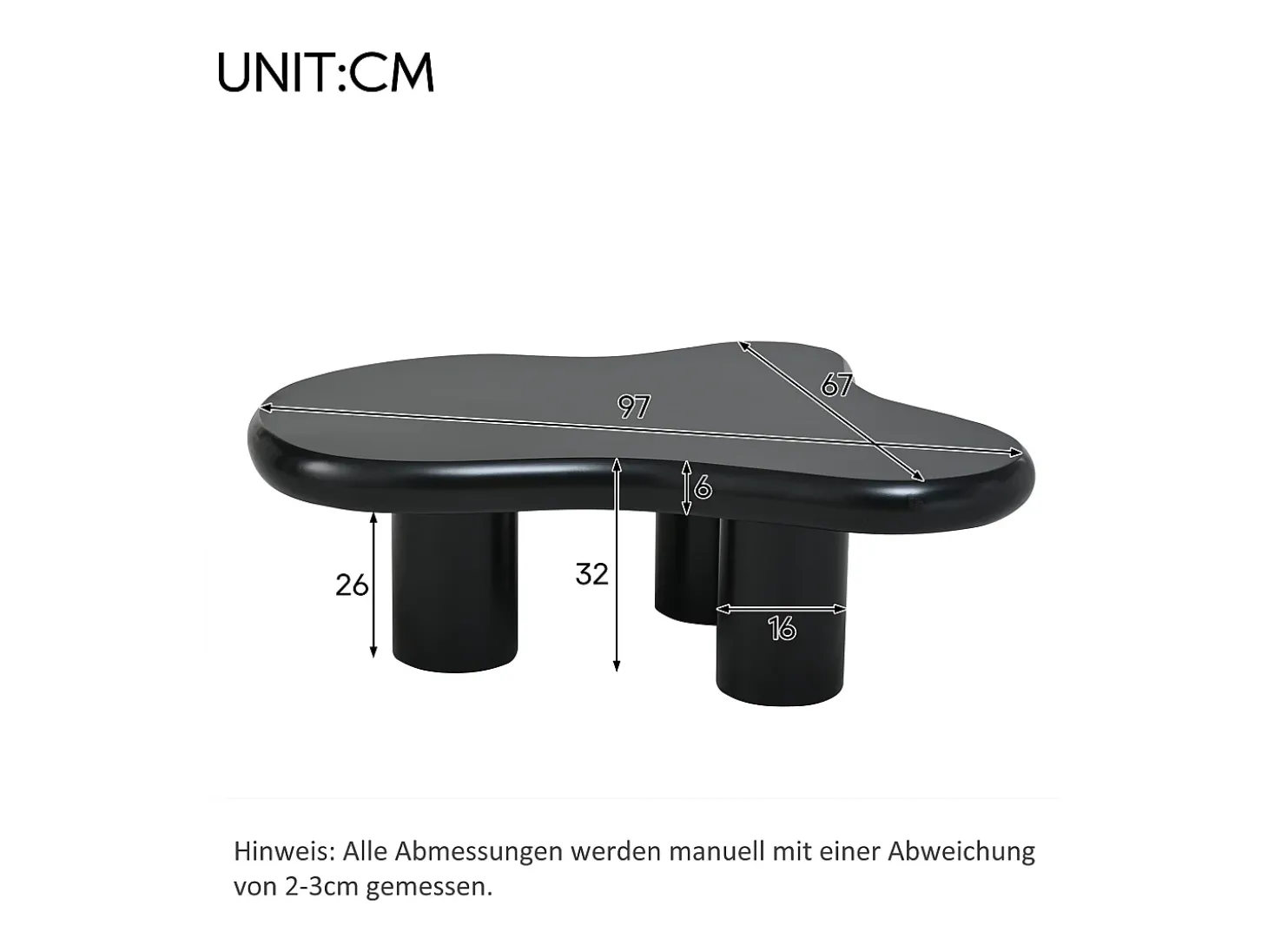 Mesa de centro 97x67x32 cm - Forma de nuvem - Acabamento laqueado - MDF - Preto