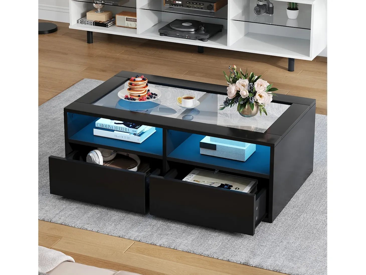 Mesa de centro 100x50x35cm - com iluminação LED - 2 gavetas - Tampo de vidro - Armazenamento aberto - Preto