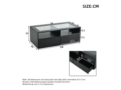 Mesa de centro 100x50x35cm - com iluminação LED - 2 gavetas - Tampo de vidro - Armazenamento aberto - Preto