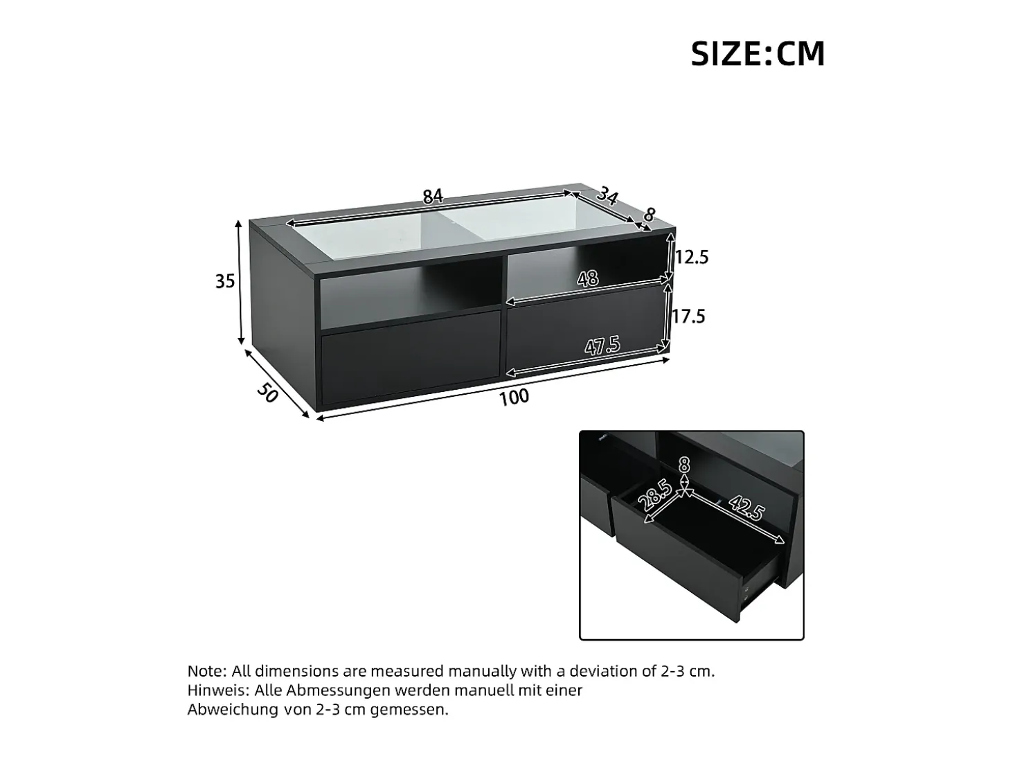 Mesa de centro 100x50x35cm - com iluminação LED - 2 gavetas - Tampo de vidro - Armazenamento aberto - Preto