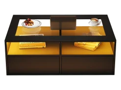 Mesa de centro 100x50x35cm - com iluminação LED - 2 gavetas - Tampo de vidro - Armazenamento aberto - Preto
