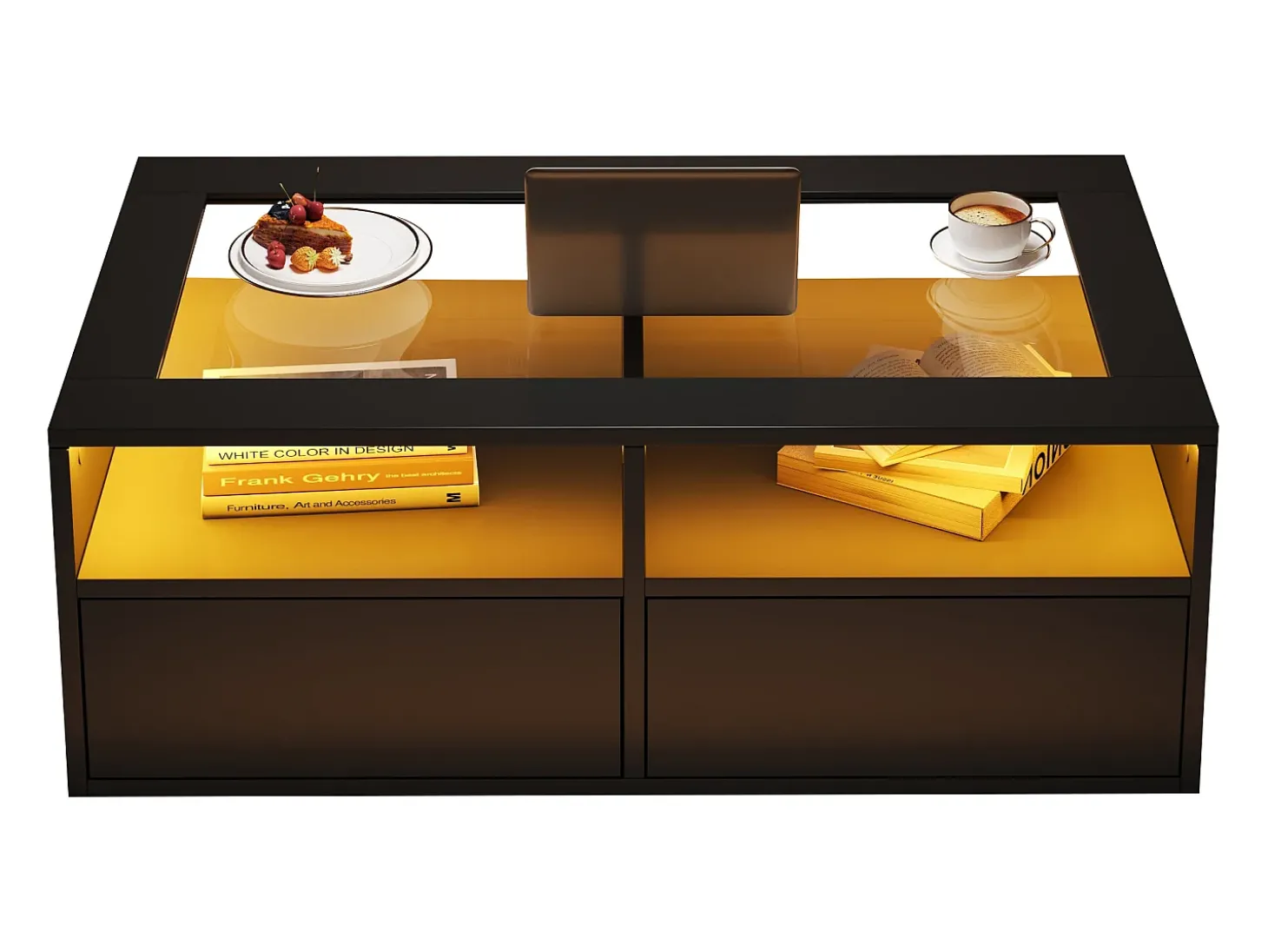 Mesa de centro 100x50x35cm - com iluminação LED - 2 gavetas - Tampo de vidro - Armazenamento aberto - Preto