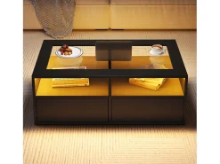 Mesa de centro 100x50x35cm - com iluminação LED - 2 gavetas - Tampo de vidro - Armazenamento aberto - Preto