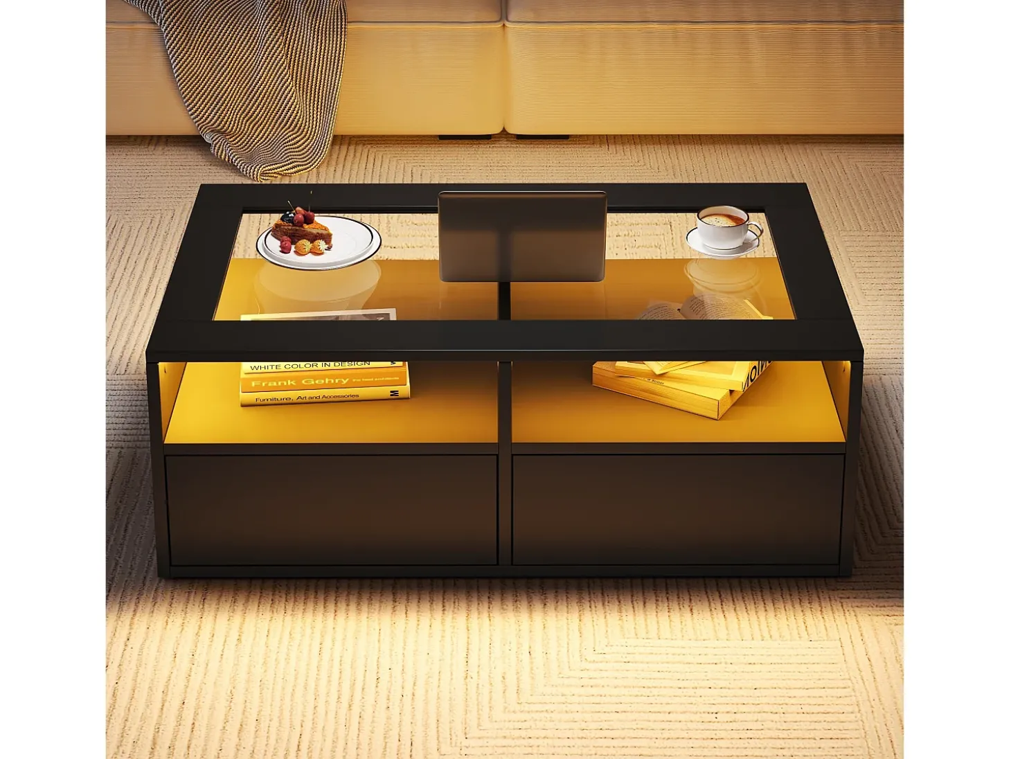 Mesa de centro 100x50x35cm - com iluminação LED - 2 gavetas - Tampo de vidro - Armazenamento aberto - Preto