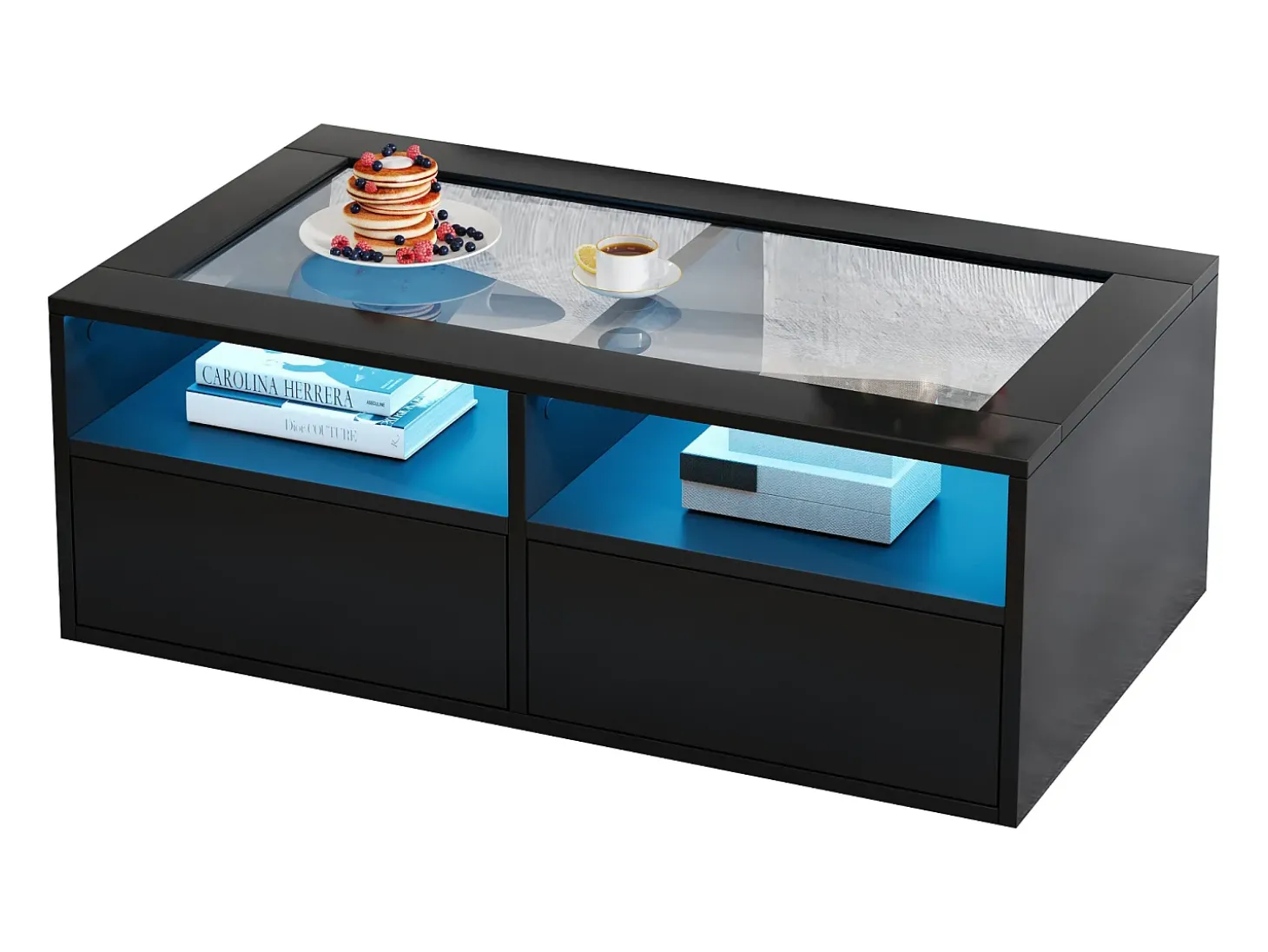 Mesa de centro 100x50x35cm - com iluminação LED - 2 gavetas - Tampo de vidro - Armazenamento aberto - Preto