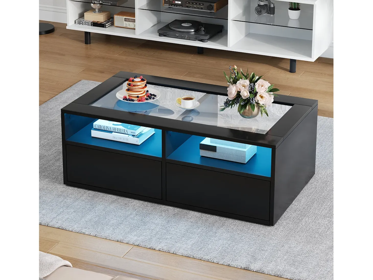 Mesa de centro 100x50x35cm - com iluminação LED - 2 gavetas - Tampo de vidro - Armazenamento aberto - Preto