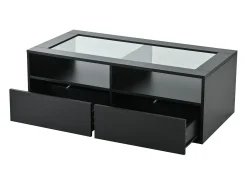 Mesa de centro 100x50x35cm - com iluminação LED - 2 gavetas - Tampo de vidro - Armazenamento aberto - Preto