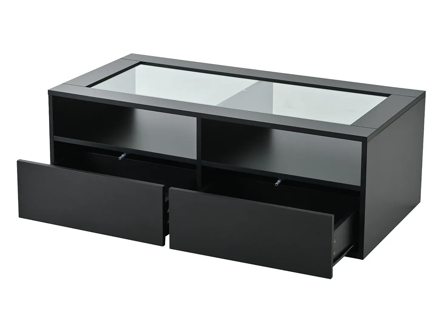 Mesa de centro 100x50x35cm - com iluminação LED - 2 gavetas - Tampo de vidro - Armazenamento aberto - Preto