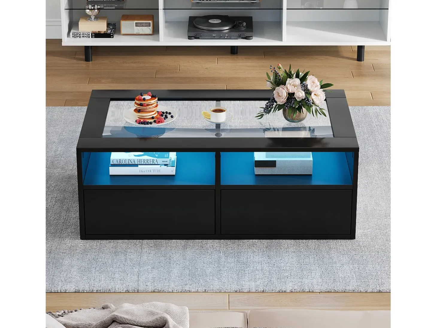 Mesa de centro 100x50x35cm - com iluminação LED - 2 gavetas - Tampo de vidro - Armazenamento aberto - Preto