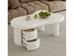Mesa de centro 97x64x42cm com tampo em forma de nuvem e 2 gavetas, lacada a branco