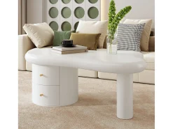 Mesa de centro 97x64x42cm com tampo em forma de nuvem e 2 gavetas, lacada a branco