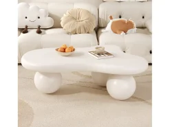 Mesa de centro 95x62,5x32cm com tampo em forma de nuvem e 3 pés grossos, LED incluído, branca