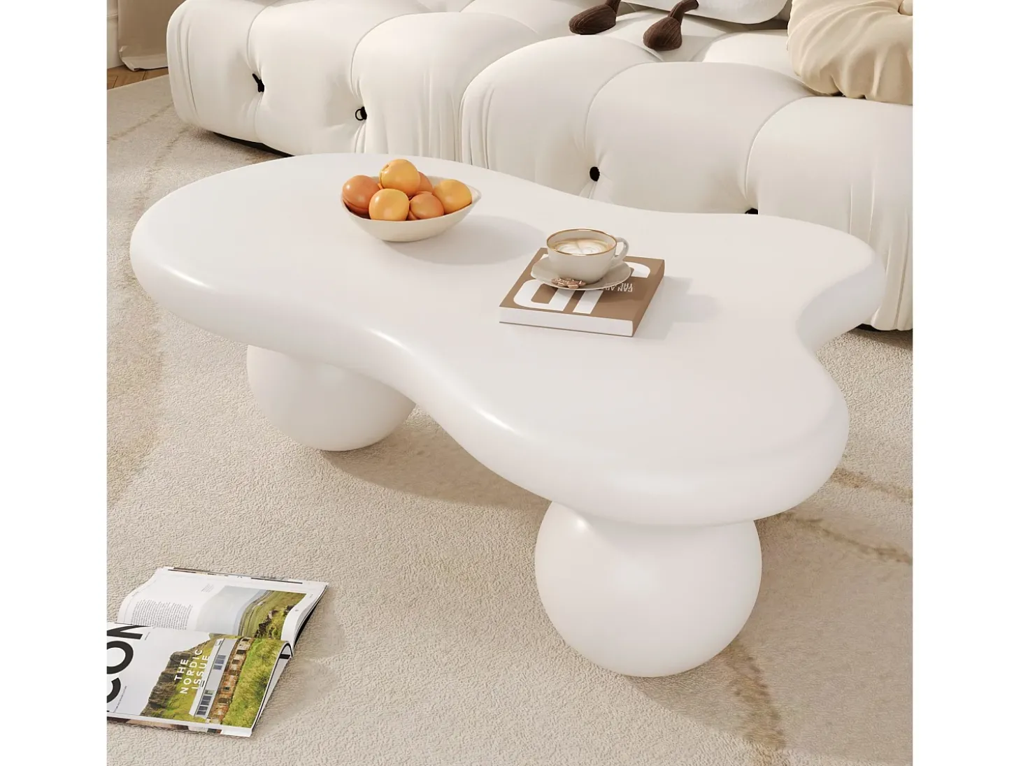 Mesa de centro 95x62,5x32cm com tampo em forma de nuvem e 3 pés grossos, LED incluído, branca