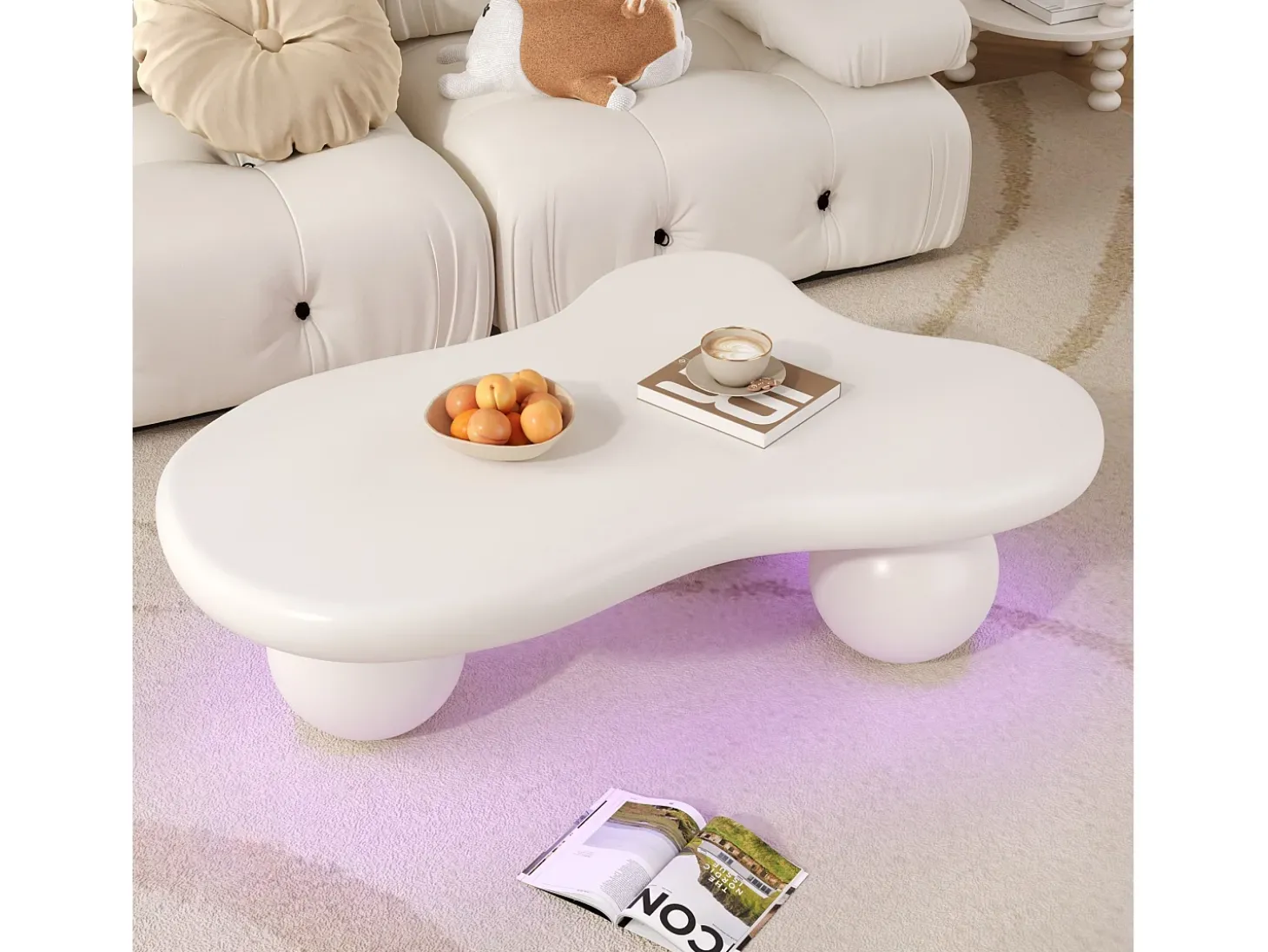 Mesa de centro 95x62,5x32cm com tampo em forma de nuvem e 3 pés grossos, LED incluído, branca
