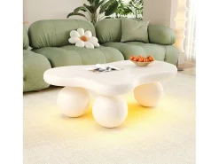 Mesa de centro 95x62,5x32cm com tampo em forma de nuvem e 3 pés grossos, LED incluído, branca