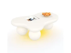 Mesa de centro 95x62,5x32cm com tampo em forma de nuvem e 3 pés grossos, LED incluído, branca
