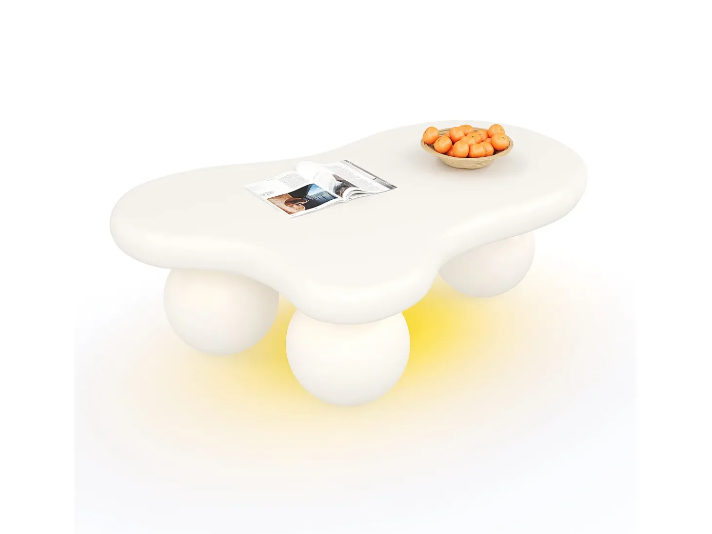 Mesa de centro 95x62,5x32cm com tampo em forma de nuvem e 3 pés grossos, LED incluído, branca