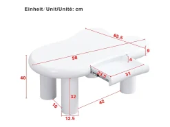 Mesa de centro 98x65,5x40cm com tampo em forma de nuvem e 4 pés grossos, 1 gaveta e LED incluído, branca