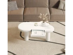 Mesa de centro 98x65,5x40cm com tampo em forma de nuvem e 4 pés grossos, 1 gaveta e LED incluído, branca