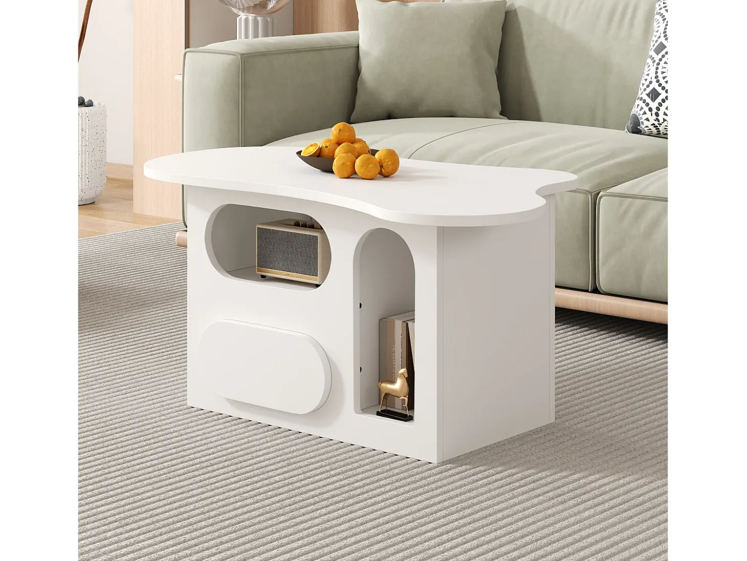Mesa de centro 97x45x43,5cm com tampo em forma de nuvem, espaço de armazenamento aberto, branca