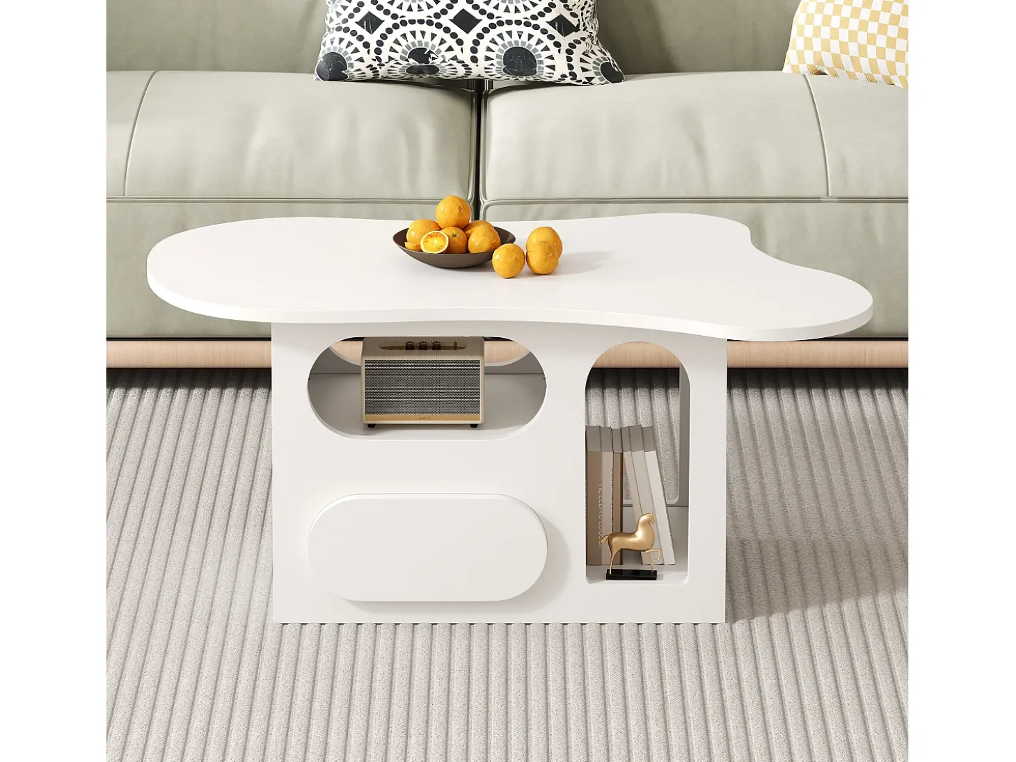 Mesa de centro 97x45x43,5cm com tampo em forma de nuvem, espaço de armazenamento aberto, branca
