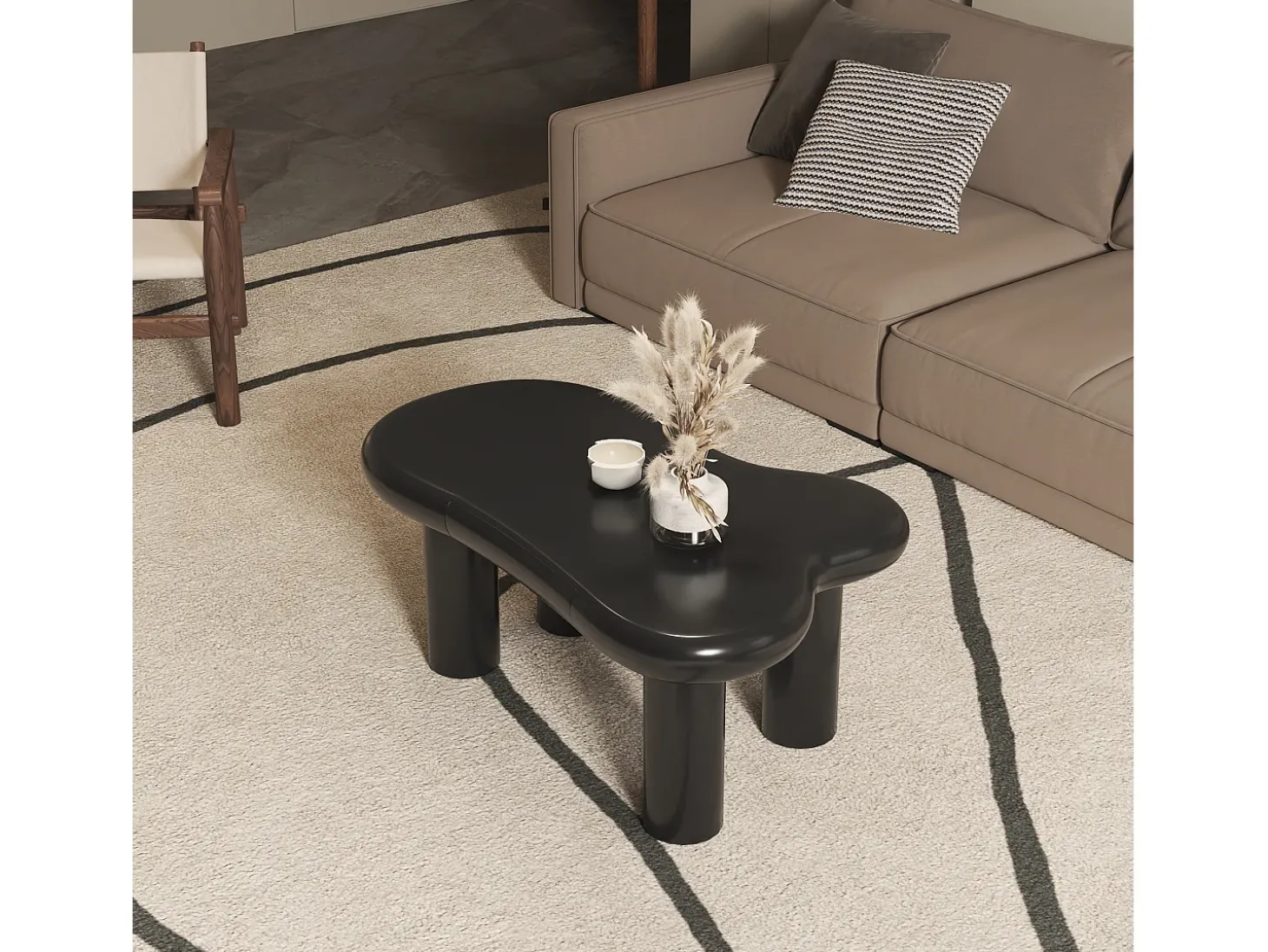 Mesa de centro 98x65,5x40cm com tampo em forma de nuvem e 4 pés grossos, 1 gaveta e LED incluído, preta