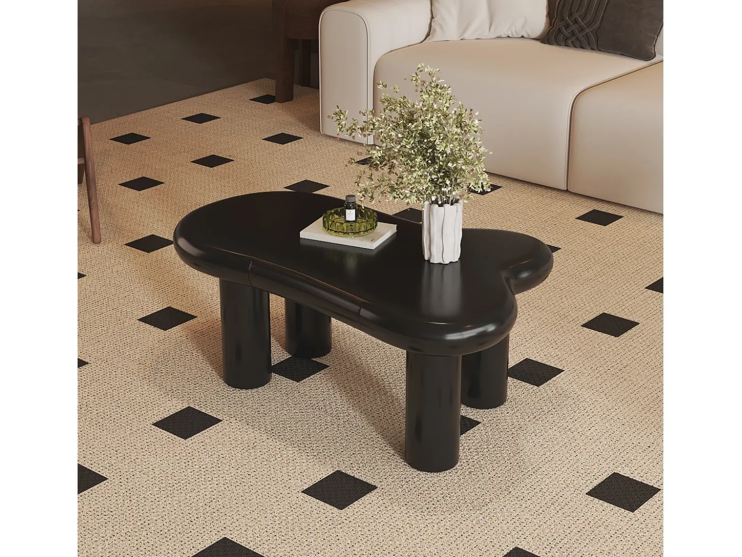 Mesa de centro 98x65,5x40cm com tampo em forma de nuvem e 4 pés grossos, 1 gaveta e LED incluído, preta