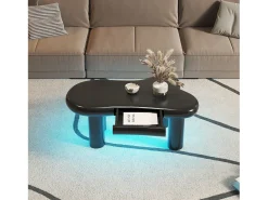 Mesa de centro 98x65,5x40cm com tampo em forma de nuvem e 4 pés grossos, 1 gaveta e LED incluído, preta