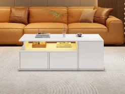Mesa de chá - 100 x 50 x 35 cm - mesa de centro para sala de estar - com LEDs + 2 gavetas - aglomerado - branco