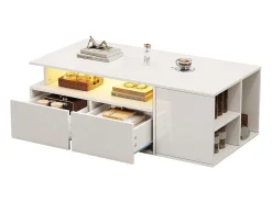 Mesa de chá - 100 x 50 x 35 cm - mesa de centro para sala de estar - com LEDs + 2 gavetas - aglomerado - branco
