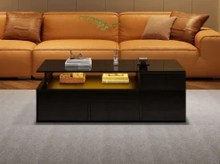 Mesa de chá - 100 x 50 x 35 cm - mesa de centro para sala de estar - com LEDs + 2 gavetas - aglomerado - preto