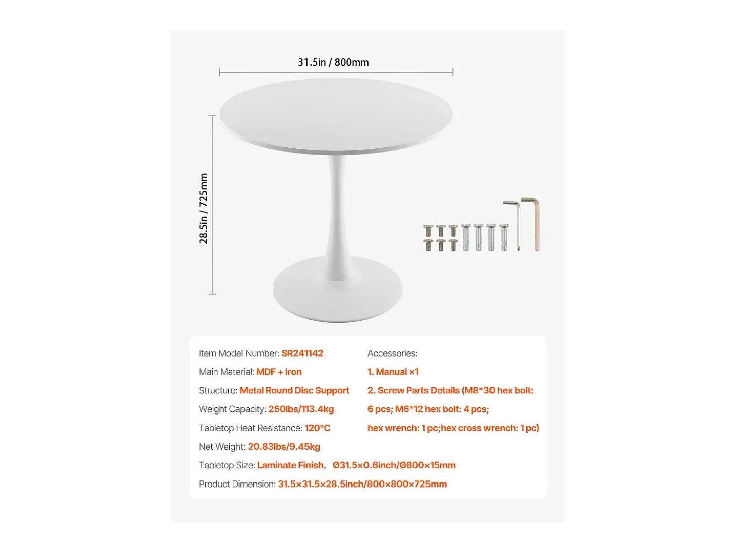 Mesa de Conjunto SucceBuy Mesa de Jantar Redonda em Madeira de 80 cm para 2 a 4 Pessoas (Só Mesa)
