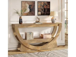 Mesa de Consola de 160 cm de Comprimento, Mesa de Entrada Rustica com 2 Prateleiras de Armazenamento
