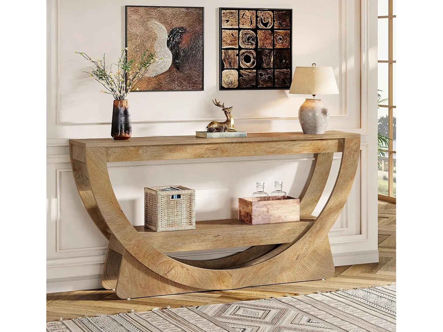 Mesa de Consola de 160 cm de Comprimento, Mesa de Entrada Rustica com 2 Prateleiras de Armazenamento