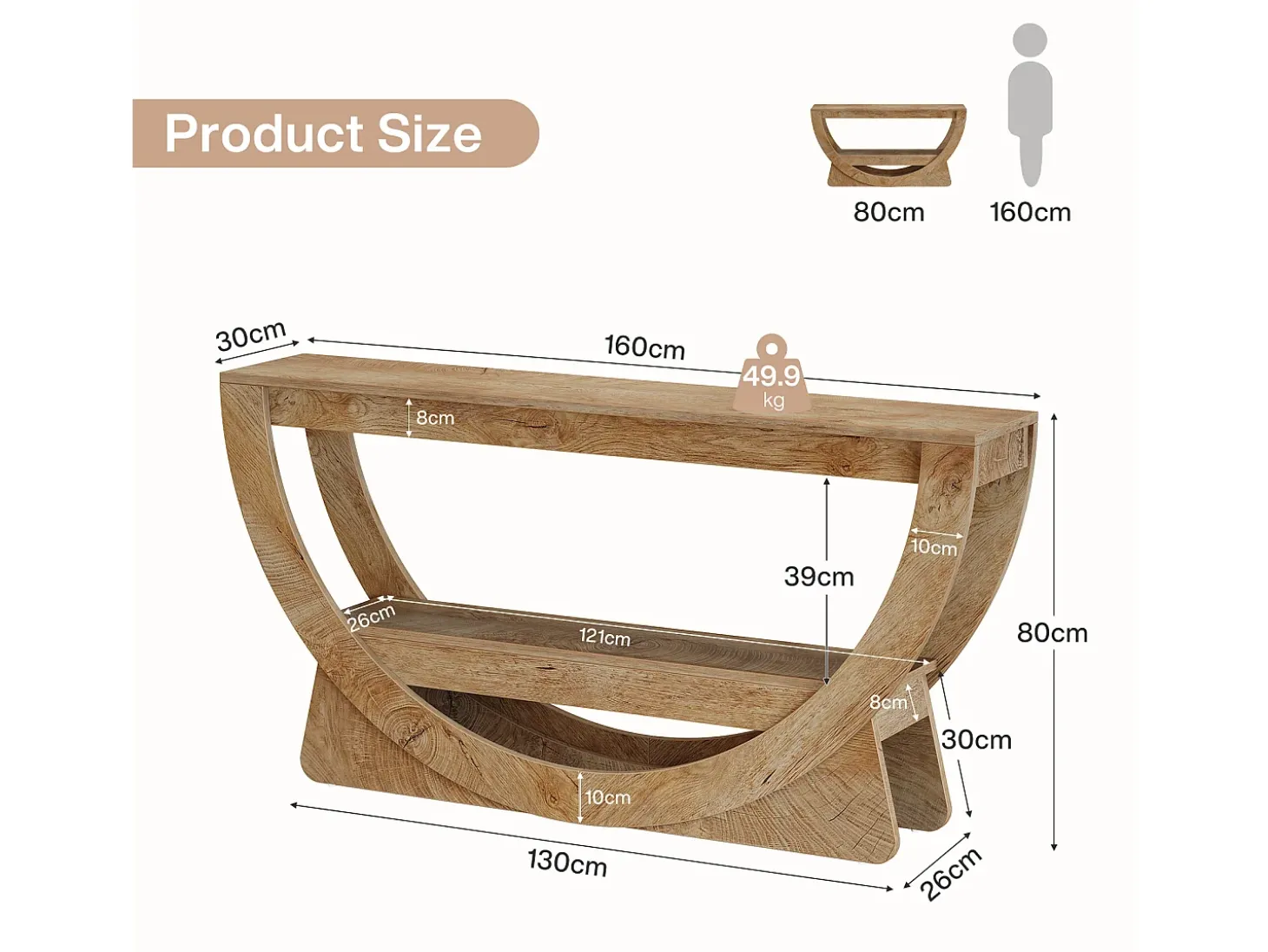 Mesa de Consola de 160 cm de Comprimento, Mesa de Entrada Rustica com 2 Prateleiras de Armazenamento